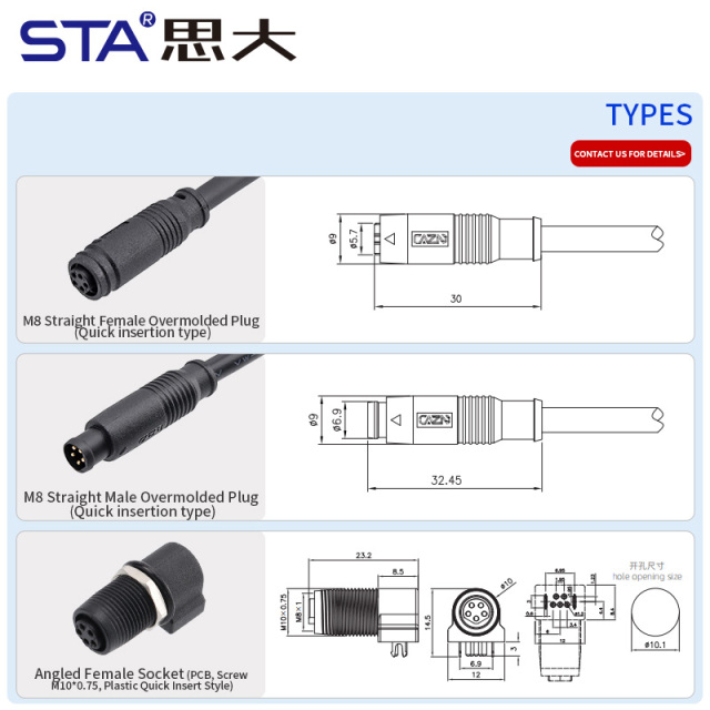IP67 Waterproof  M8 Quick insertion Plastic Overmolded Connector 3 4 5 Pins