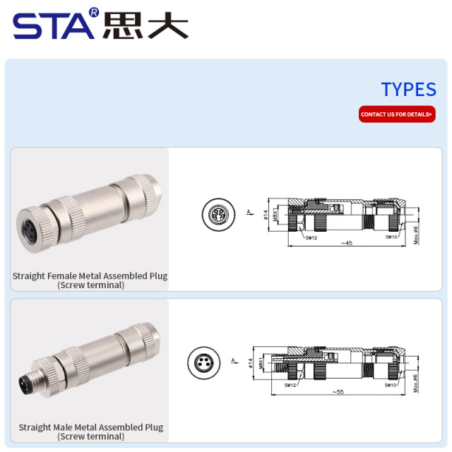 M8 Connector Straight Male / Female Metal Assembled Plug Screw Terminal Type 3 4 Pins