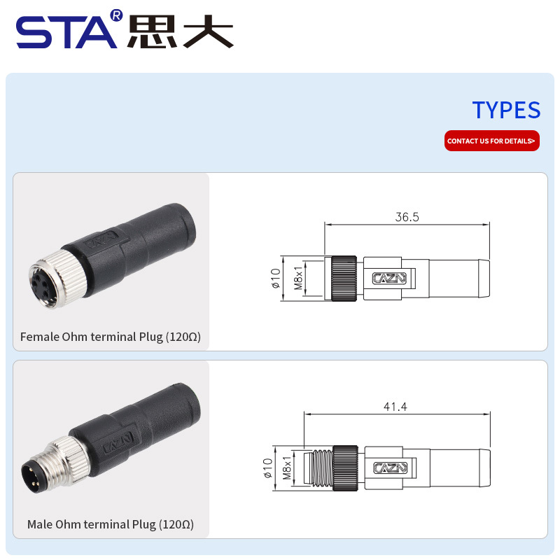 M8 Male/Female 120Ω Terminal Plug Industrial Signal-Termination Connector 3 4 5 6 8 Pins
