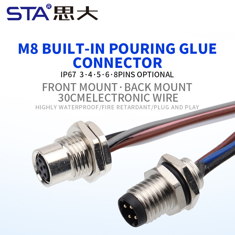 IP67 Waterproof M8 Built-in Pouring Front/Back Mount Glue Plug Connector with 30cm Electronic Wire
