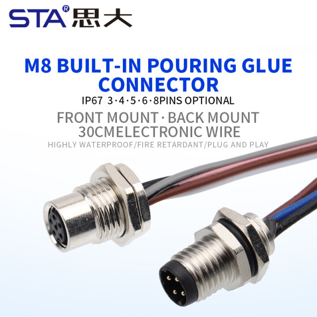 IP67 Waterproof M8 Built-in Pouring Front/Back Mount Glue Plug Connector with 30cm Electronic Wire