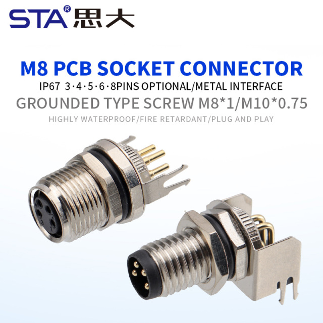 Waterproof M8 PCB Socket Straight/Angled Back Mount Metal Interface Grounded Connector 3 4 5 6 8 pins