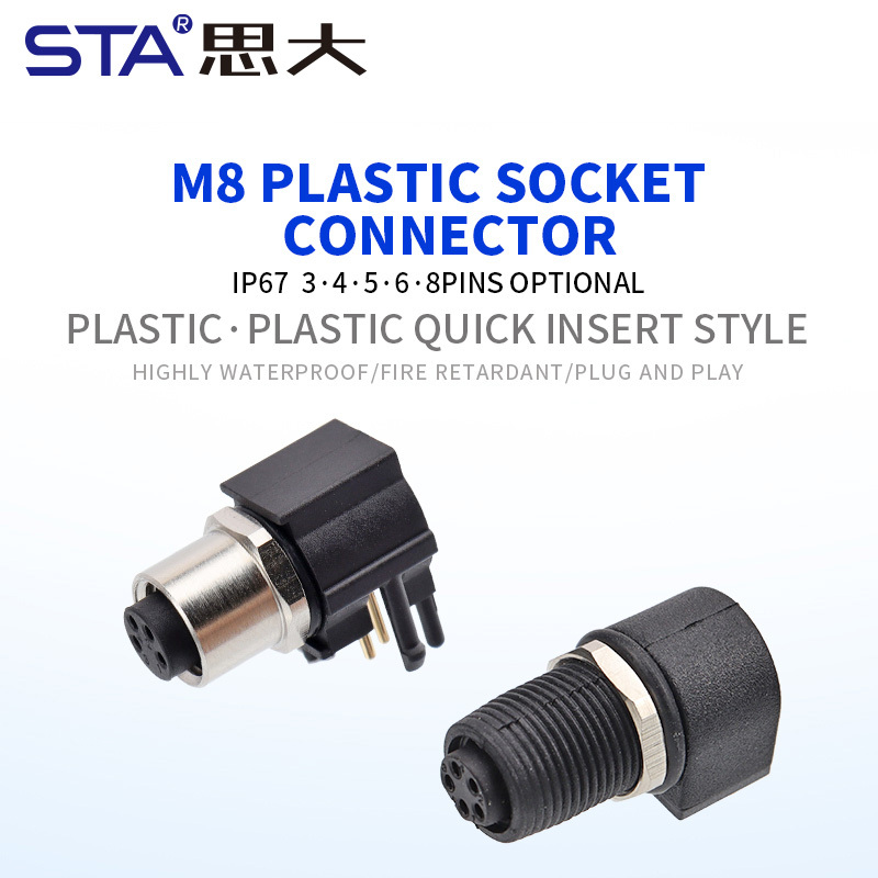M8 Plastic Angled Male/Female Back Mount Quick Insert PCB Socket Connector 3 4 5 6 8 Pins
