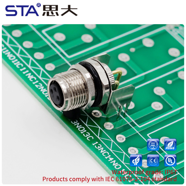 Waterproof M8 PCB Socket Straight/Angled Back Mount Metal Interface Grounded Connector 3 4 5 6 8 pins