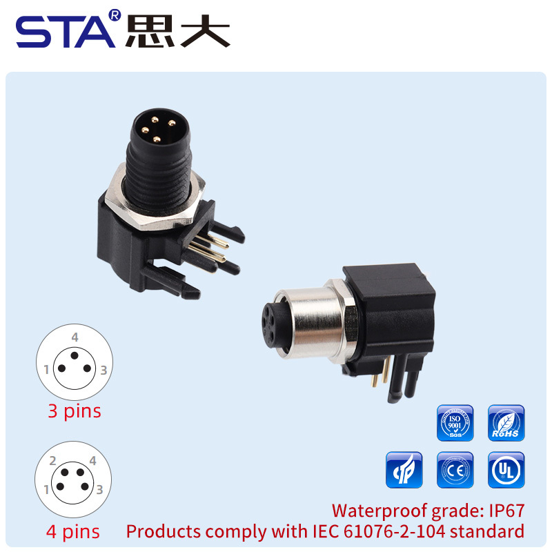 M8 Plastic Angled Male/Female Back Mount Quick Insert PCB Socket Connector 3 4 5 6 8 Pins
