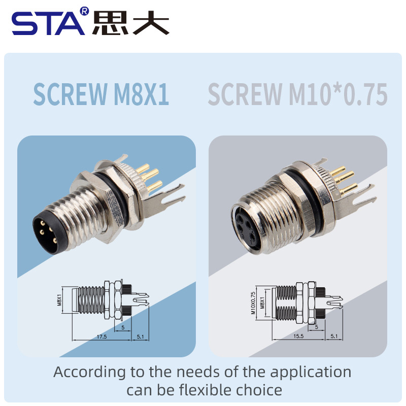 Waterproof M8 PCB Socket Straight/Angled Back Mount Metal Interface Grounded Connector 3 4 5 6 8 pins