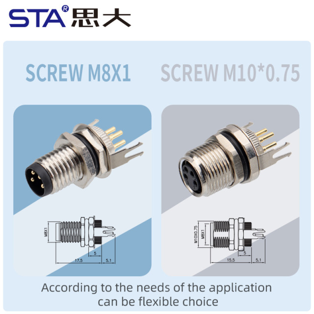 Waterproof M8 PCB Socket Straight/Angled Back Mount Metal Interface Grounded Connector 3 4 5 6 8 pins
