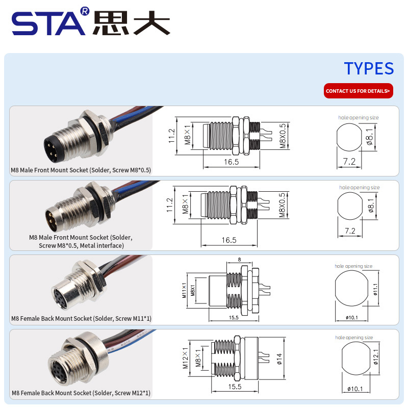 IP67 Waterproof M8 Built-in Pouring Front/Back Mount Glue Plug Connector with 30cm Electronic Wire