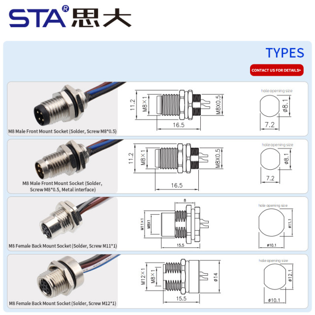 IP67 Waterproof M8 Built-in Pouring Front/Back Mount Glue Plug Connector with 30cm Electronic Wire