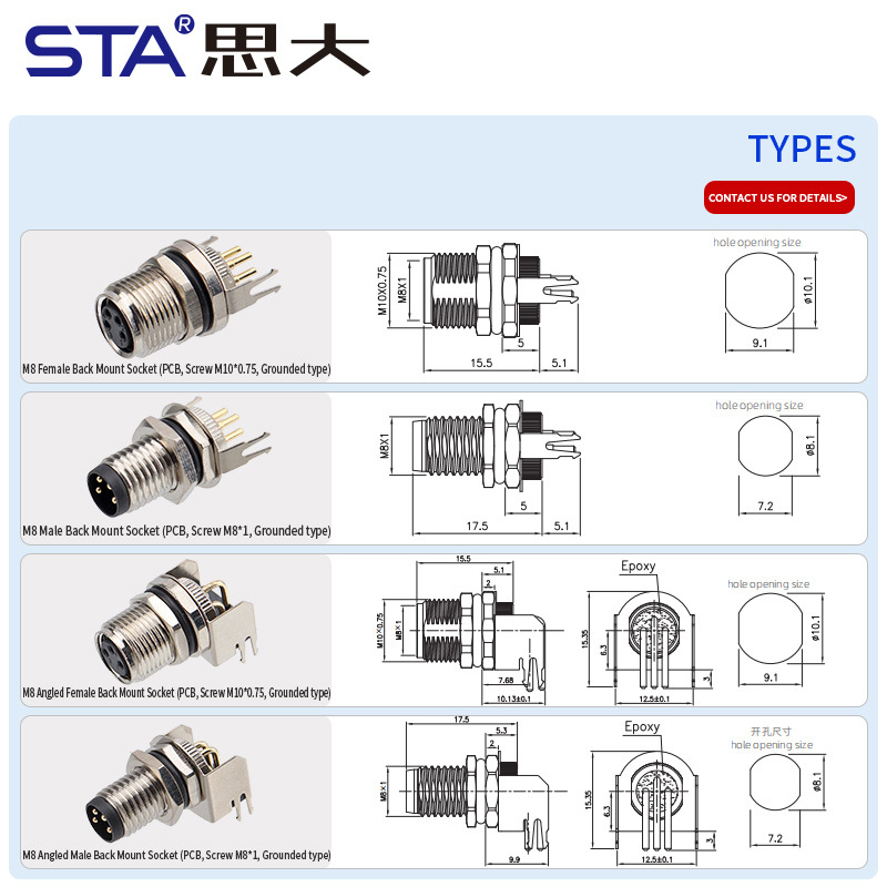 Waterproof M8 PCB Socket Straight/Angled Back Mount Metal Interface Grounded Connector 3 4 5 6 8 pins