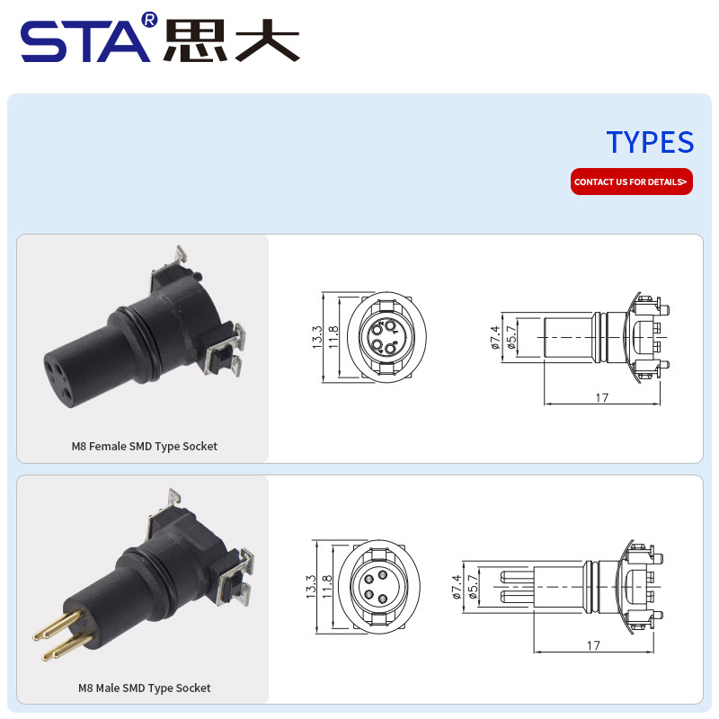 M8 Male/Female SMD Socket Connector 3 4 5 6 8 pins options