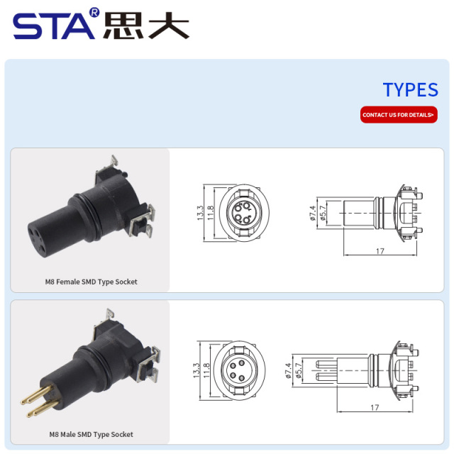 M8 Male/Female SMD Socket Connector 3 4 5 6 8 pins options