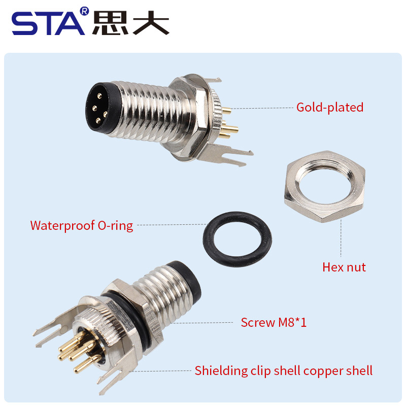 Waterproof M8 PCB Socket Straight/Angled Back Mount Metal Interface Grounded Connector 3 4 5 6 8 pins