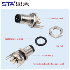 Waterproof M8 PCB Socket Straight/Angled Back Mount Metal Interface Grounded Connector 3 4 5 6 8 pins