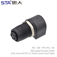 M8 Angled Female Socket KB(PCB Screw M10*0.75 Plastic Ouick Insert Style)