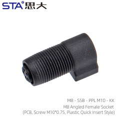 M8 Angled Female Socket KK (PCB Screw M10*0.75 Plastic Quick Insert Style)