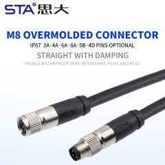 M8 Straight Male/Female Overmolded Plug with Damping 3 4 5 6 8 Pins
