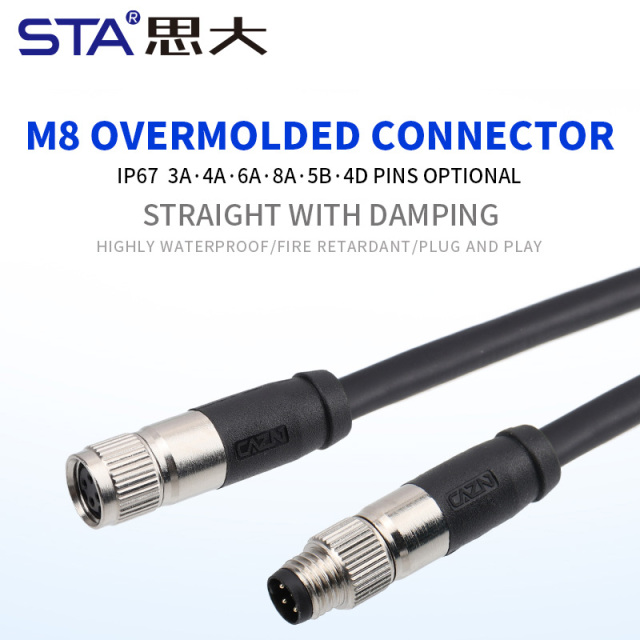 M8 Straight Male/Female Overmolded Plug with Damping 3 4 5 6 8 Pins