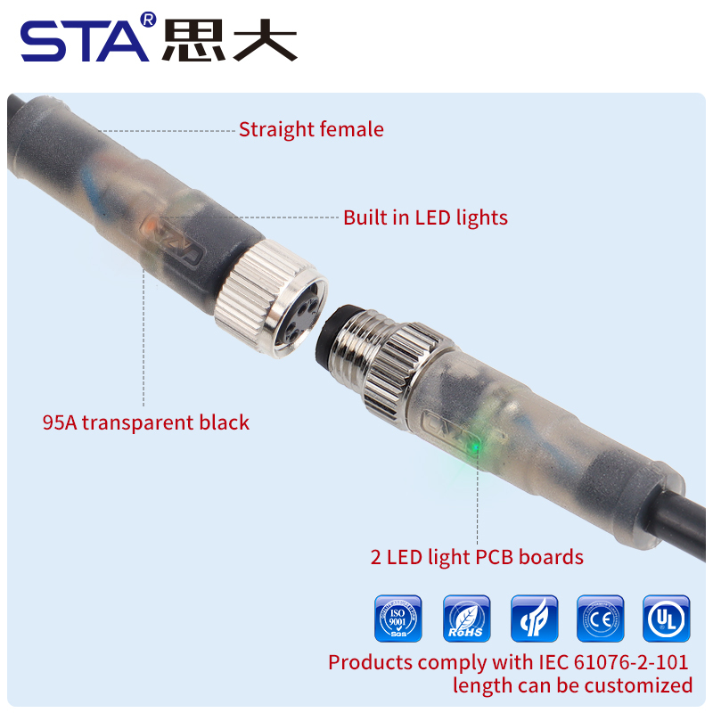 Waterproof M8 LED Straight Male/Female Overmolded Plug Connector 3 4 pins