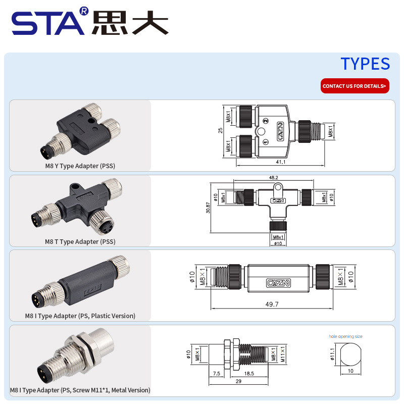M8 Y T I Type Metal & Plastic Male to Female Adapter Connector