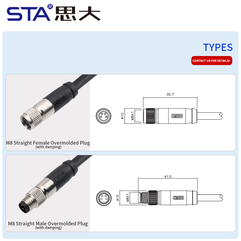 M8 Straight Male/Female Overmolded Plug with Damping 3 4 5 6 8 Pins