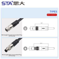 M8 Straight Male/Female Overmolded Plug with Damping 3 4 5 6 8 Pins