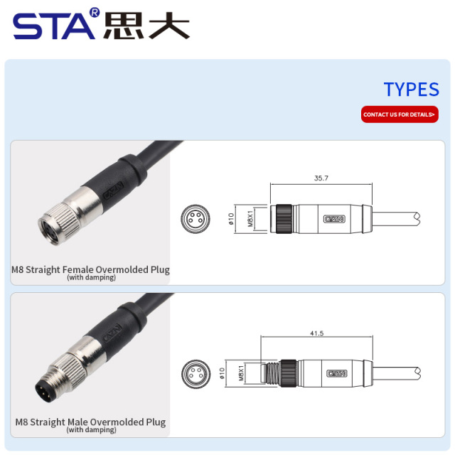 M8 Straight Male/Female Overmolded Plug with Damping 3 4 5 6 8 Pins