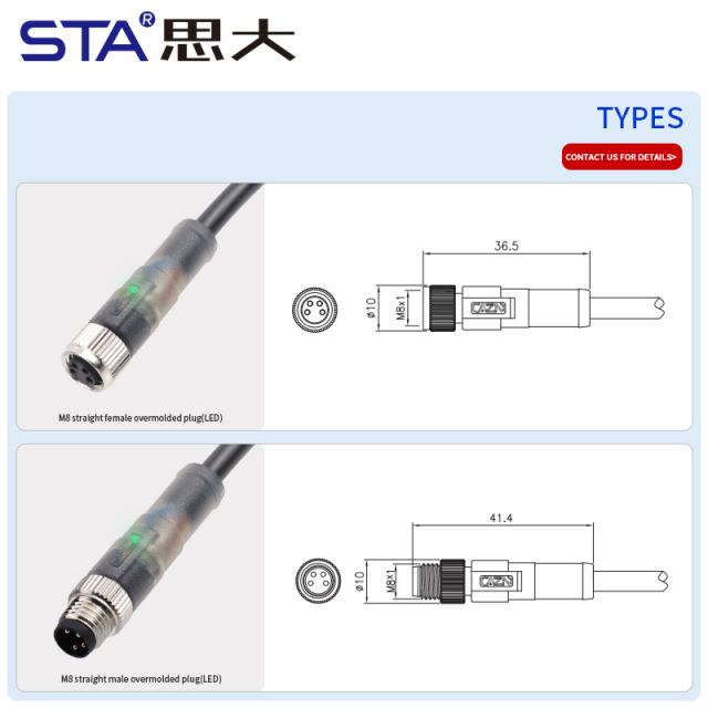 Waterproof M8 LED Straight Male/Female Overmolded Plug Connector 3 4 pins