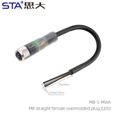 M8 straight Female overmolded plug (LED) with Wire