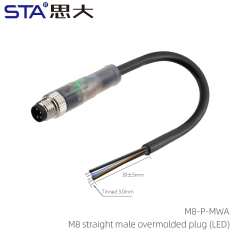 M8 straight male overmolded plug (LED) With Wire