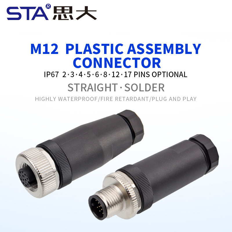 M12 Solder Waterproof IP67 Straight/Angled Male Female Plastic Assembled Aviation Plug Connector PG7/PG9