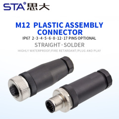 M12 Solder Waterproof IP67 Straight/Angled Male Female Plastic Assembled Aviation Plug Connector PG7/PG9