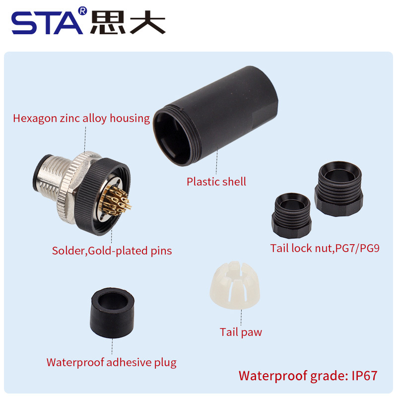 M12 Solder Waterproof IP67 Straight/Angled Male Female Plastic Assembled Aviation Plug Connector PG7/PG9