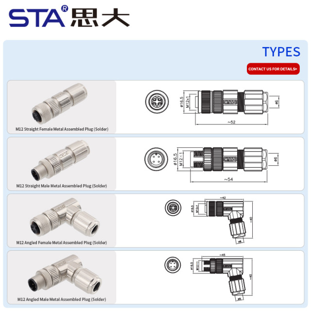M12 Aviation Solder Metal Assembled Plug Connector Straight/Angled Male/Female Waterproof IP67 PG7/PG9 Screw Type