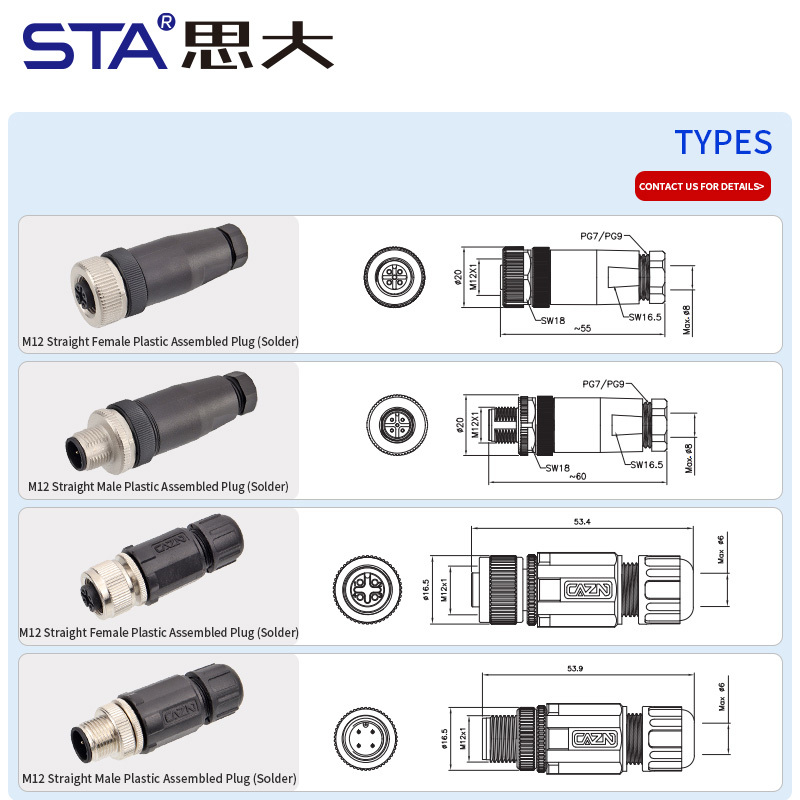 M12 Solder Waterproof IP67 Straight/Angled Male Female Plastic Assembled Aviation Plug Connector PG7/PG9