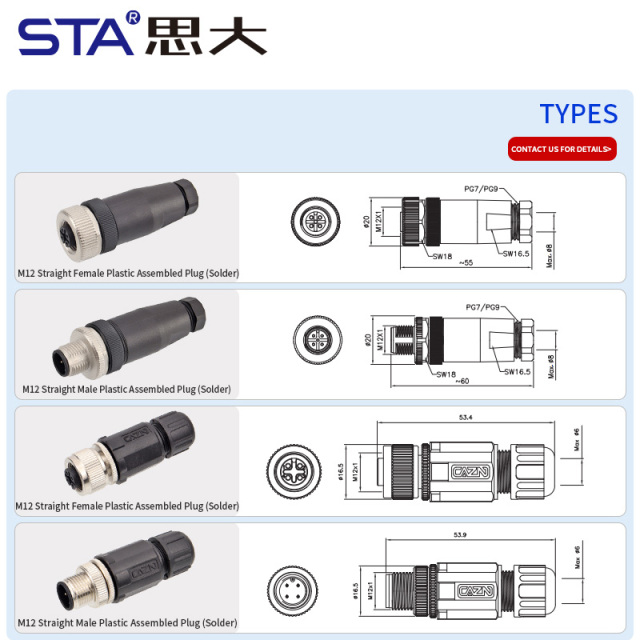 M12 Solder Waterproof IP67 Straight/Angled Male Female Plastic Assembled Aviation Plug Connector PG7/PG9