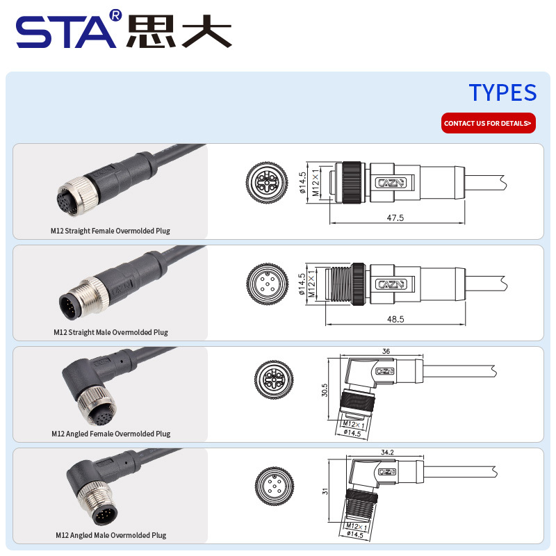 M12 Aviation Plug Unshielded Straight/Right Angle Male Female Overmolded Plug Connector with PVC/TPU Extension Cable