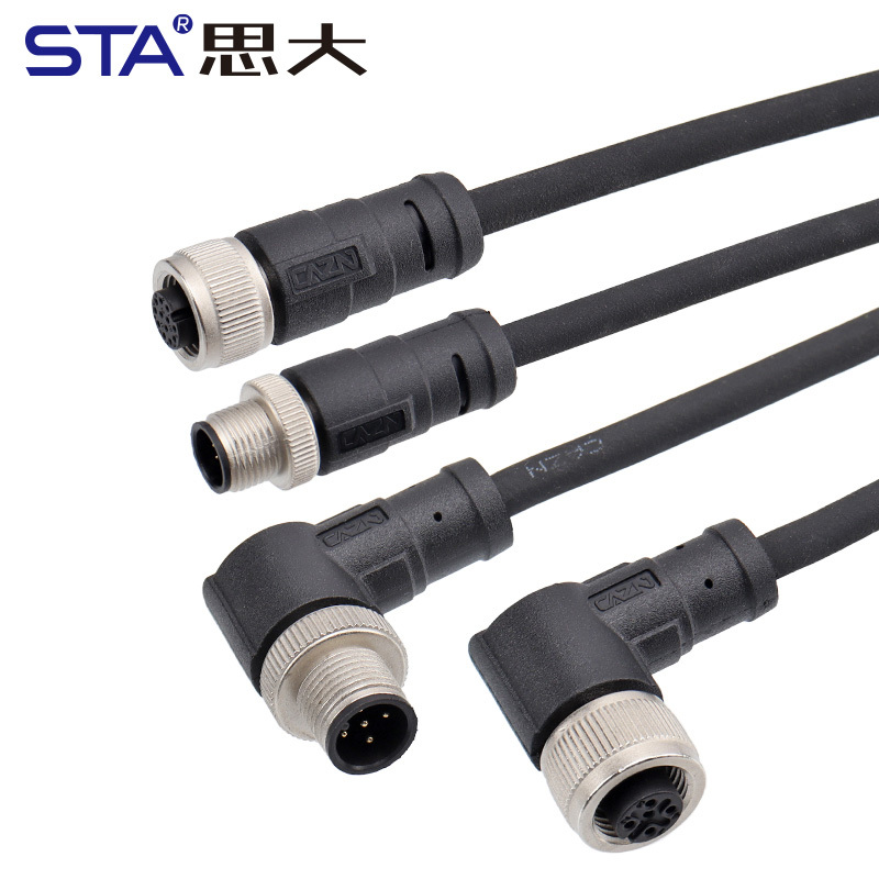 M12 Straight & Angled Male/Female Overmolded Damping Plug Connector PVC/TPU IP67 Waterproof Sensor Cable