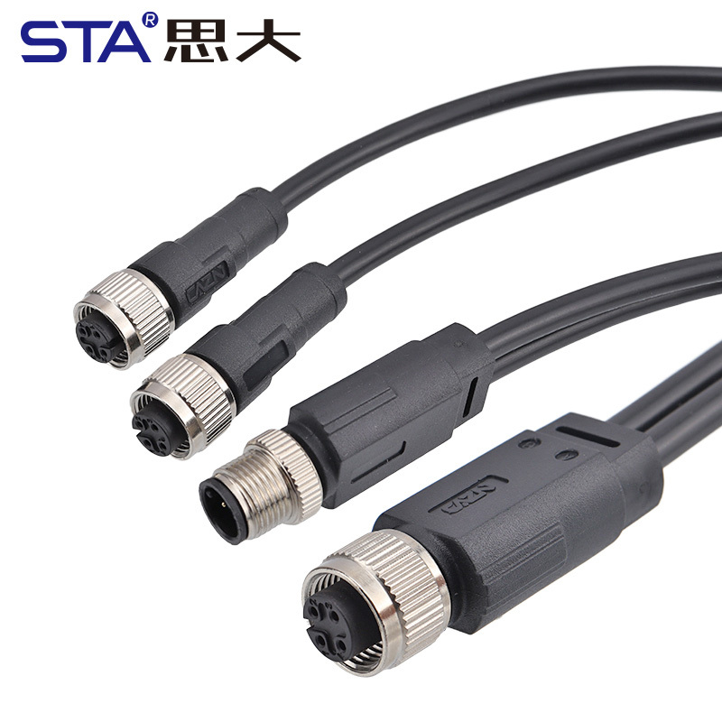 M12 Splitter Connector Male Female 1 to 2 Y Branch Cable | Waterproof Unshielded Circular Overmolded Aviation Plug | PVC/TPU Industrial Split Cable