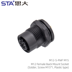 M12 Female Back Mount Socket(Solder Screw M15*1 Plastic type)