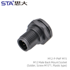 M12 Male Back Mount Socket(Solder Screw M15*1 Plastic type)