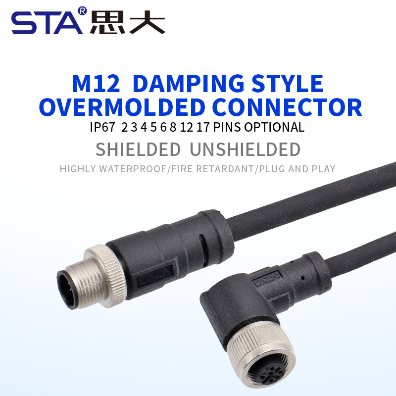 M12 Straight & Angled Male/Female Overmolded Damping Plug Connector PVC/TPU IP67 Waterproof Sensor Cable