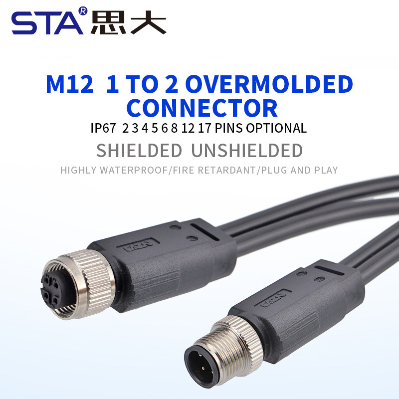 M12 Splitter Connector Male Female 1 to 2 Y Branch Cable | Waterproof Unshielded Circular Overmolded Aviation Plug | PVC/TPU Industrial Split Cable