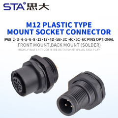 M12 Plastic Aviation Plug Front/Back Mount Solder Socket Connector | Male/Female | Screw M15x1/M12x1 | A/B/D Code | 2–17 Pin Waterproof Industrial Circular Connector