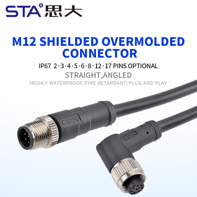 M12 Shielded Straight/Right Angled Overmolded Male/Female Plug Connector PVC / TPU Extension Cable
