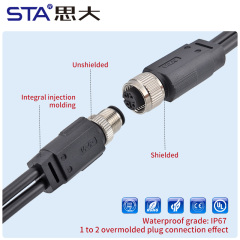 M12 Splitter Connector Male Female 1 to 2 Y Branch Cable | Waterproof Unshielded Circular Overmolded Aviation Plug | PVC/TPU Industrial Split Cable