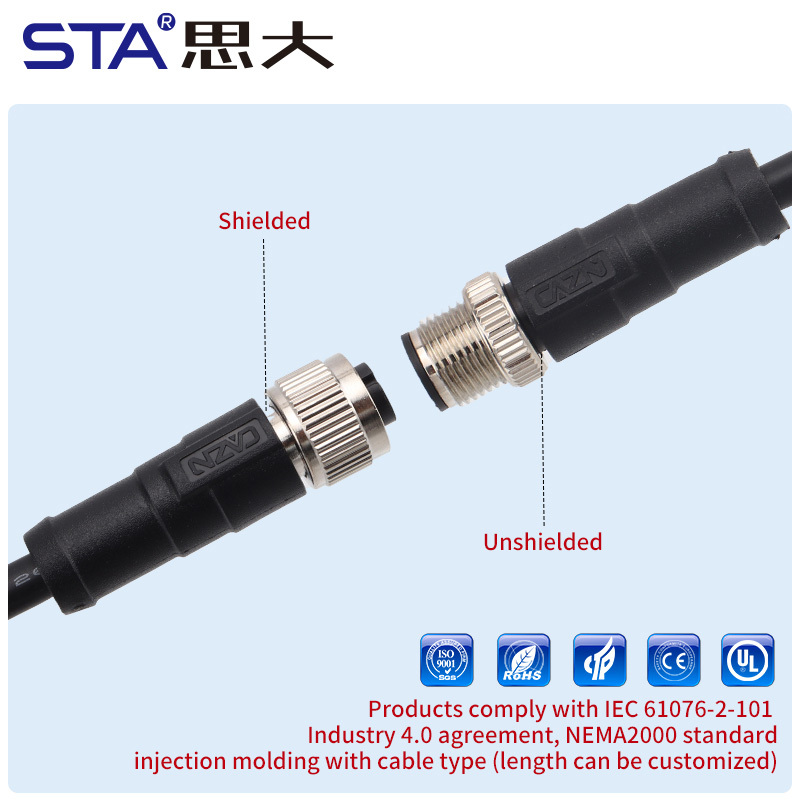 M12 Shielded Straight/Right Angled Overmolded Male/Female Plug Connector PVC / TPU Extension Cable