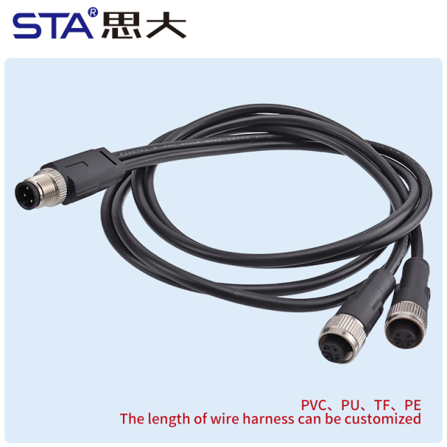 M12 Splitter Connector Male Female 1 to 2 Y Branch Cable | Waterproof Unshielded Circular Overmolded Aviation Plug | PVC/TPU Industrial Split Cable