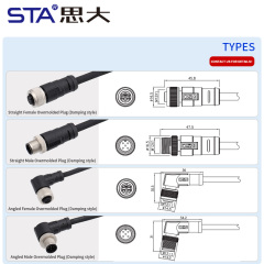 M12 Straight & Angled Male/Female Overmolded Damping Plug Connector PVC/TPU IP67 Waterproof Sensor Cable