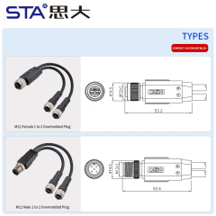 M12 Splitter Connector Male Female 1 to 2 Y Branch Cable | Waterproof Unshielded Circular Overmolded Aviation Plug | PVC/TPU Industrial Split Cable